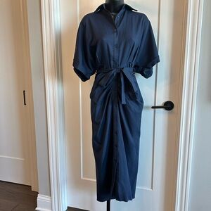 SHEIN Navy Flare Sleeve Scrunched Button-Up Dress